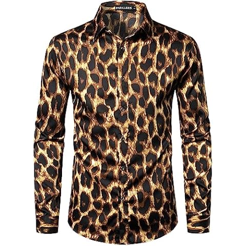 PARKLEES Men's Hipster Leopard Printed Slim Fit Long Sleeve Button Up Satin Dress Shirts Cover