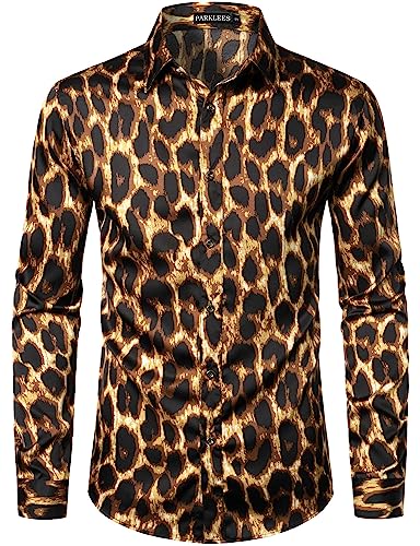 Image of PARKLEES Men's Hipster Leopard Printed Slim Fit Long Sleeve Button Up Satin Dress Shirts for Party Prom PZLCL36-108-Black Gold L
