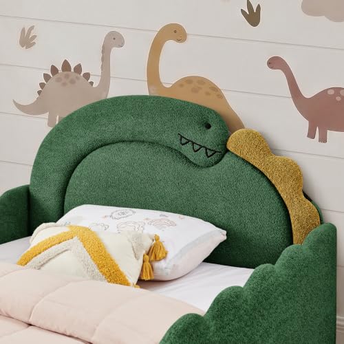 Image of Full Bed Frame for Kids, Floor Platform Bed Dinosaur, Green