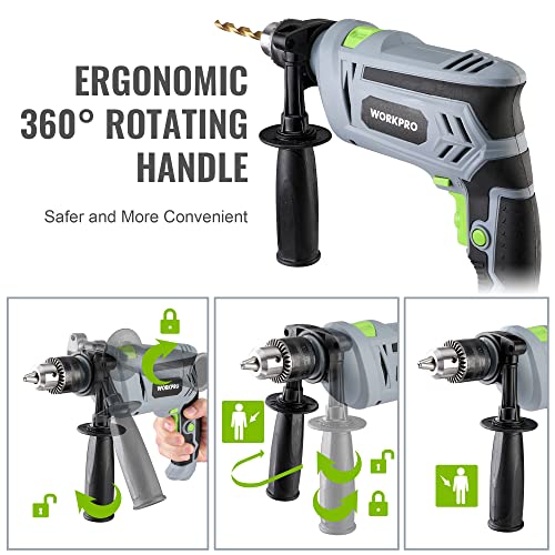 WORKPRO Klopboormachine 850W, boormachine 3000RPM, 2-in-1 hamer en boor met 360° draaigreep, 13 mm boorhouder, incl. 3 spiraalboren en 2 betonboren - Afbeelding 6