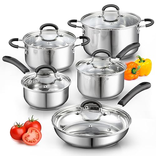 Comparison: Best Home Depot Stainless Steel Cookware 5 Cook N Home Stainless Steel Cookware Sets 10-Piece, Pots and Pans Kitchen Cooking Set with Stay-Cool Handles, Dishwasher Safe, Silver