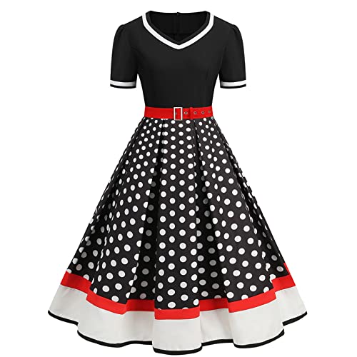 Rockabilly Kleider Damen - 50er Jahre Kostüm Vintage Petticoat Kleid - Kurzarm V-Ausschnitt Polka Dot Swing Coctailkleid Hochzeit Festlich Knielang...