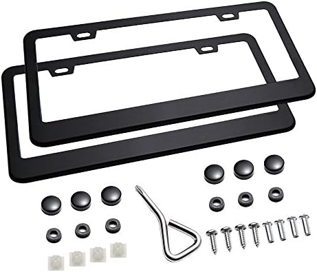 Ohuhu Matte Aluminum License Plate Frame with Black Screw Caps, 2Pcs 2 Holes Black Licenses Plates Frames, Car Licenses Plate Covers Holders for US Vehicles