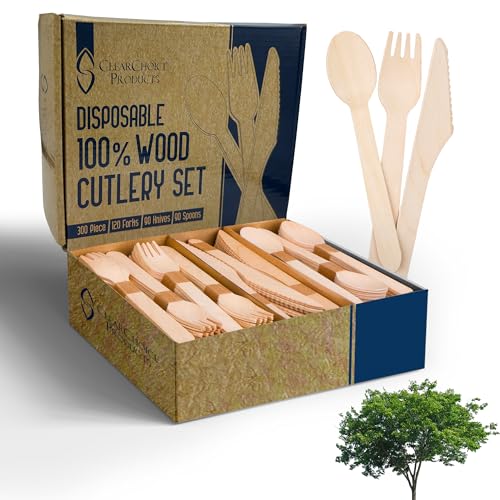 Compostable Cutlery Set - 300 PCS Wooden Utensils [120 Forks, 90 Spoons, 90 Knives] - Eco-Friendly Wooden Disposable Utensils - Compostable Forks and Spoons - Disposable Cutlery Set Party Utensils