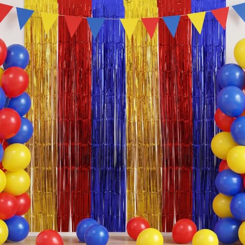Image of TONIFUL 2Pcs Yellow Red Blue Metallic Tinsel Foil Fringe Curtains Streamers | 3.3ftx6.6ft Photo Booth Backdrop Door Curtain Streamer for Birthday Baby Shower Sports Party Holiday Celebration Decorations