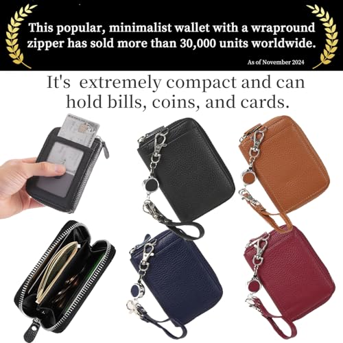 Minimalist Zipper Leather Wallets Credit Card Holder Card Cases with ID Window and Retractable Keychain for Men Women Black2