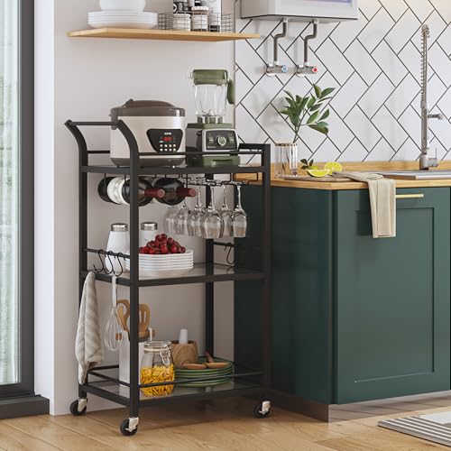 Image of TUTOTAK Bar Cart with 3 Mirrored Shelves, Wine Rack & Glass Holder | 3-Tier 18.5 Inch Wide Home Bar Serving Carts, Small Mobile Kitchen Shelf with 6 Hooks, Black BC01BK034