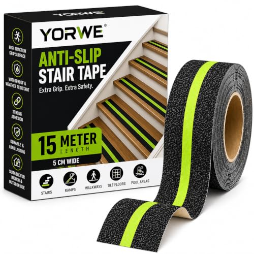 Image of YORWE Anti Slip Stair Tape with Glow in the Dark Strip - Heavy Duty Waterproof Non Slip Traction Tape for Stairs, Steps, Outdoor & Indoor Safety (Black and Green, 15 Meter)