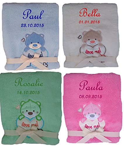 Babydecke mit Namen bestickt Teddy mit Herz Farbwahl Taufe Geburt (rosa)