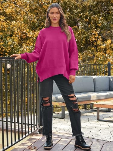 Image of LILLUSORY Women's Oversized Batwing Sweaters 2026 Fall Outfits Trendy Crewneck Knit Side Slit Fashion Pullover Tops