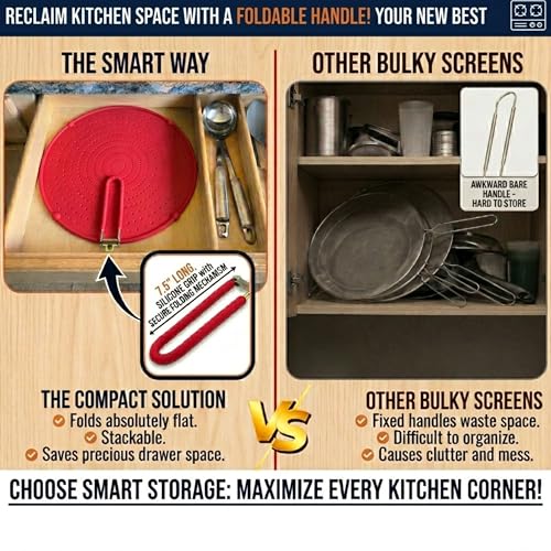 Silicone Splatter Screen for Frying Pan, 13” Red – Folds Flat with Sleeves, Dishwasher Safe Grease & Oil Splatter Guard, Heat Resistant Splash Guard Fits 10–12” Pans, Most 13” Skillets - image 3