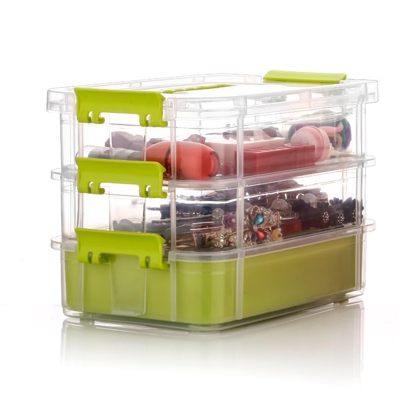 2 Layer Storage Organizer Box with 6 Compartments | Detachable Plastic Container with Lids for Makeup, Craft, Sewing & Office Supplies (3 LAYER)-picture-26