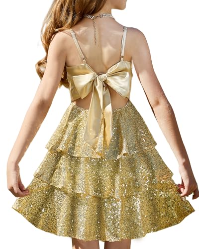 GRACE KARIN Sequin Formal Dress for Girls Size 8-9 Kids Gold Fashion Dance Birthday Princess Party Communion Wedding Guest Easter Dresses