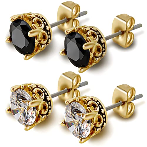 Black and Gold Earrings for Men Women, Retro Crown Hypoallergenic Stainless Steel Cubic Zircon Stud Earrings