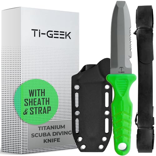 TI GEEK Titanium Survival Scuba Diving Fixed Blade Knife w Sheath & Straps - Holster on Divers BCD Thigh/Leg GC Belt Buckle or Wrist Cutting Serrated Edge & Line Cutter
