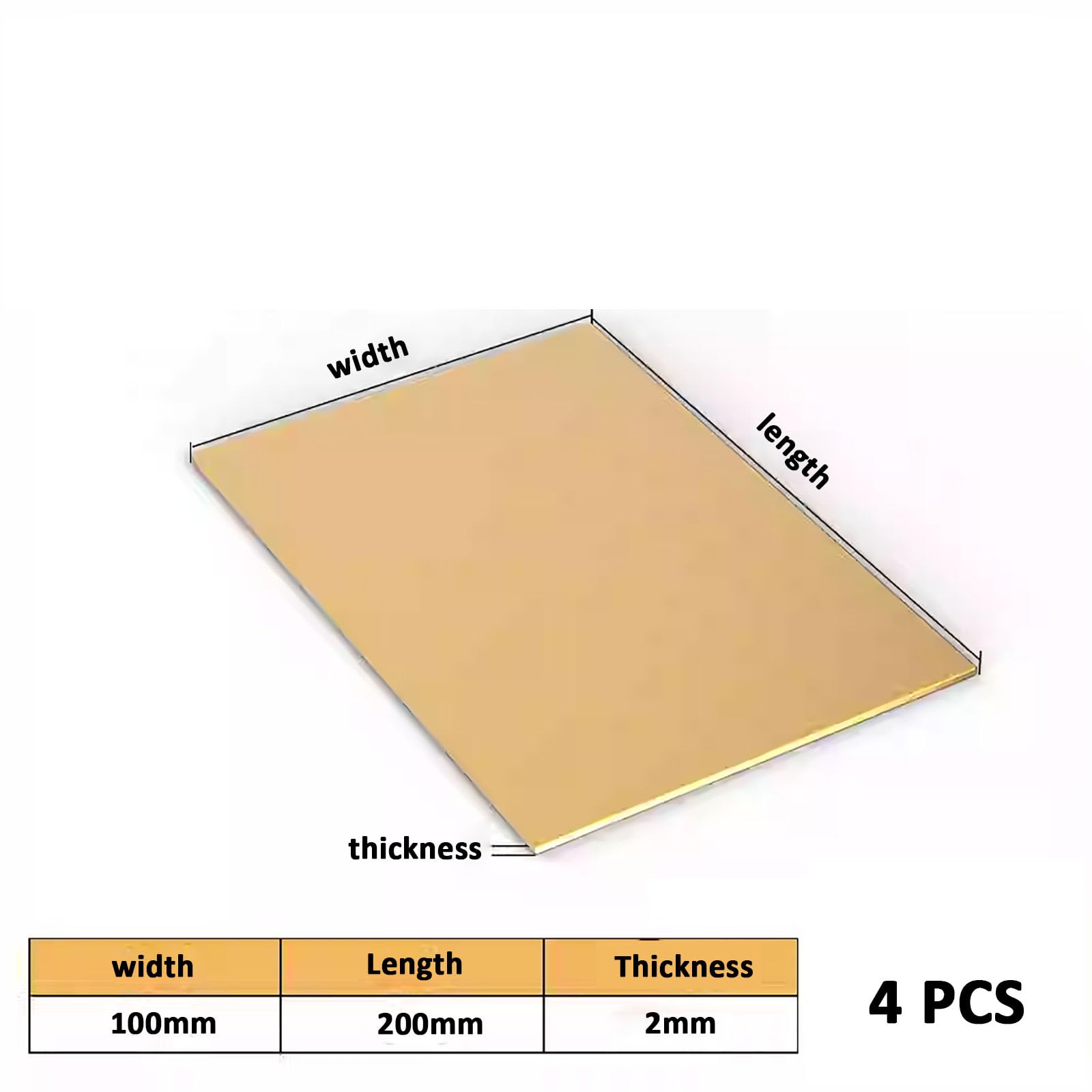 Arkusze mosiężne o grubości 2 mm – opakowanie 4 szt., łatwe do cięcia blachy do projektów DIY, elektrotechniki i rękodzieła(100mm*200mm)