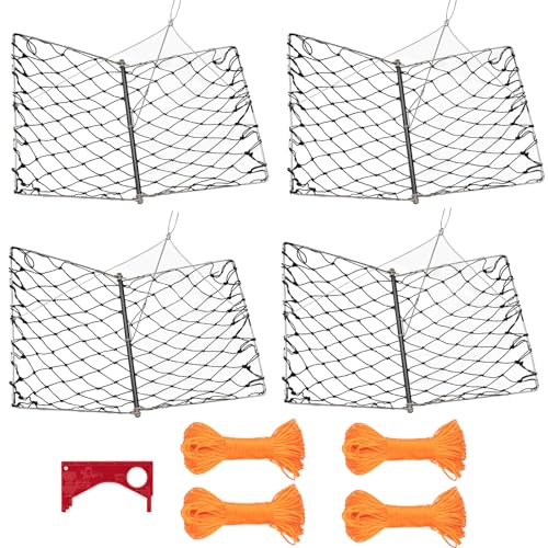 QualyQualy 4 Set Castable Crab Trap Kit, Foldable Crabbing Net with Rope & Bait Clip, Crab Snare/Pots/Traps for Blue Crabs, Dungeness, Crawfish Portable Crabbing Equipment