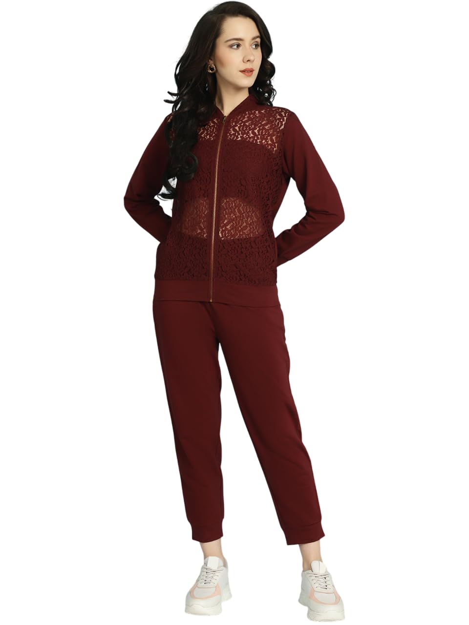 Stylish Womens Nylon Lace Inserts Long Sleeves High Neck Regular Fit Co-ord Set | Lightweight & Breathable Fabric | Sweatshirts & Jogger Set-image-44