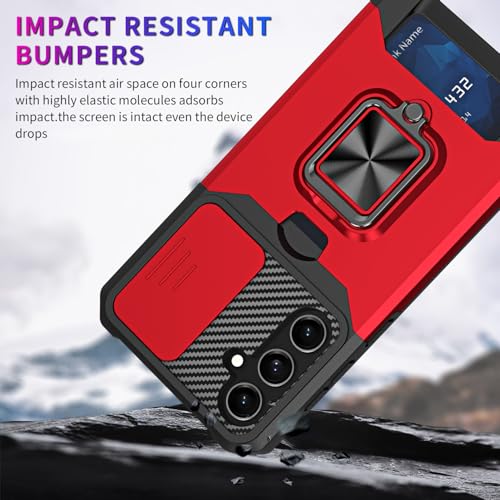 Image of LuxuryKase Shockproof Armor Case for Samsung Galaxy S26 | Slide Camera Cover | Hidden Card Slot | Rotating Ring Kickstand | Magnetic Car Mount Support | Military Grade Protection - Red
