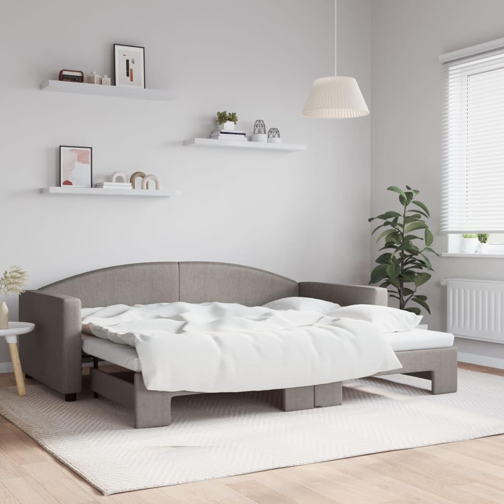 Letto da giorno estensibile, 90 x 200 cm, in tessuto tortora, con rete a doghe, struttura stabile per camera degli ospiti, divano letto salvaspazio con robusto telaio imbottito e design