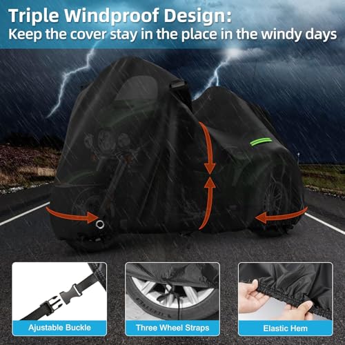 Image of Motorcycle Cover Waterproof for Trike Models Freewheeler /CVO Version /Tri Glide Ultra /Gold Wing Trike, Heavy Duty Sun Rain Outdoor Protection Motorbike Cover with Antenna Zipper & Soft Cotton Lining