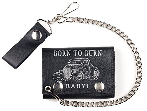 BORN TO BURN BABY VINTAGE CAR Mens Biker Leather Tri-fold Wallet with Chain