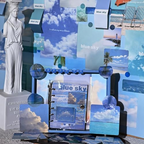 Image of 346Pcs Paper Vintage Aesthetic Scrapbook Kit Scrapbooking Supplies Kit With Bullet Junk Journal, Stationery, Washi Stickers A6 Grid Notebook Journaling Gift For Girl (Blue Sky Scrapbook)