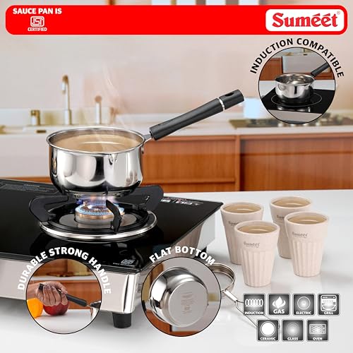 Image of Sumeet ISI Certified Stainless Steel Induction & Gas Stove Friendly Saucepan /Milk Pan /Tea Maker - 800ml with Stainer & 4Pc Tea Cups Made of Husk - 200ml Perfact Tea Set Combo