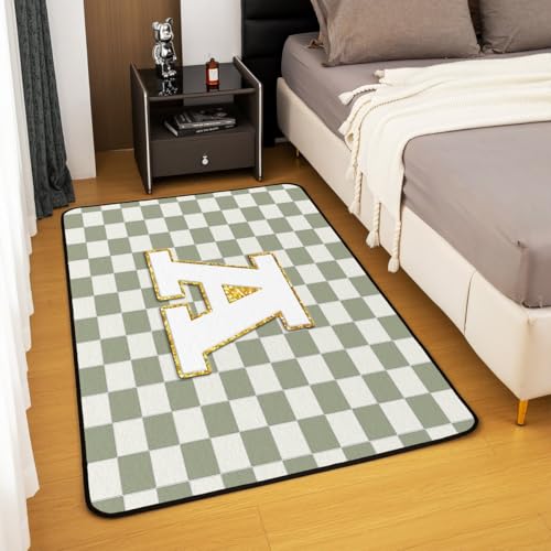 Image of Erosebridal Sage Green Checkered Area Rug 5x7 Plaid Initial A Rug for Bedroom Living Room Personalized Monogram Carpet Decor Fashion Grids Gingham Indoor Floor Mat Non Slip
