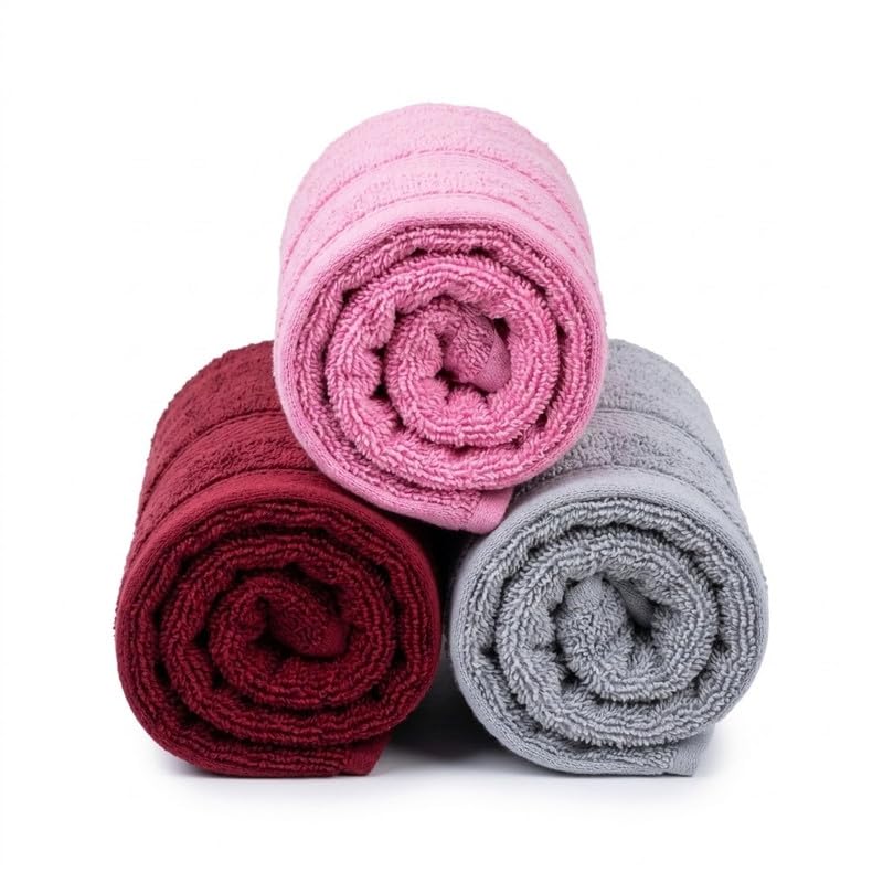 Image of TowelWala Hand Towel 550 GSM Soft Absorbent Quick Dry (Pink /Maroon /Grey) | Premium 550 GSM cotton with woven border-quick drying and perfect for bathroom, kitchen, gym, and travel.