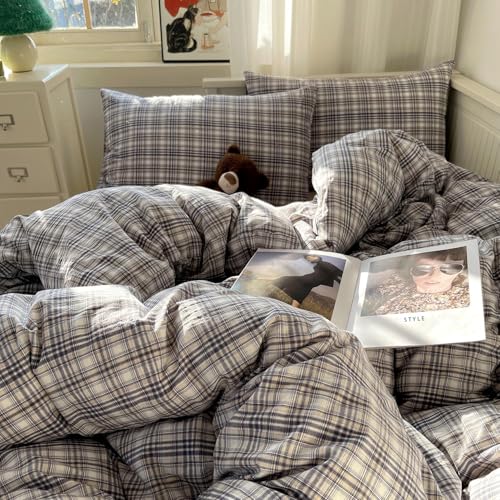 Image of MKXI King Modern Plaid Duvet Cover Set 3 Piece - Deep Navy Washed Cotton Bedding, Modern Farmhouse Check Design, Breathable & Vintage Linen Like Bedding Set with Zipper Closure