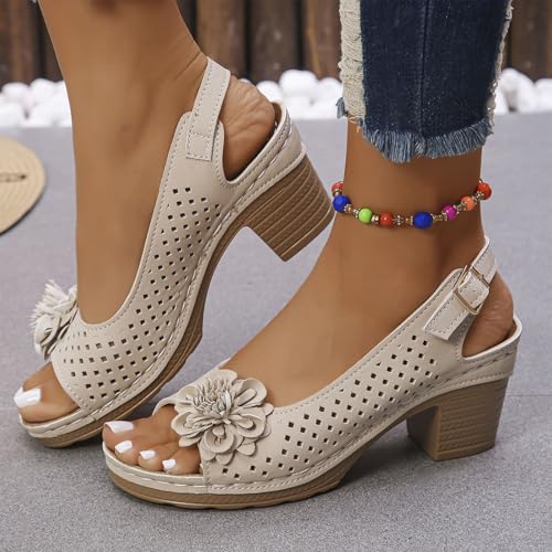 Buckled Square Heel Sandals for Women Dressy Low Slingback Peep Toe Chunky Heeled Dress Sandals Wedge Shoes Elderly Women(White,11)3