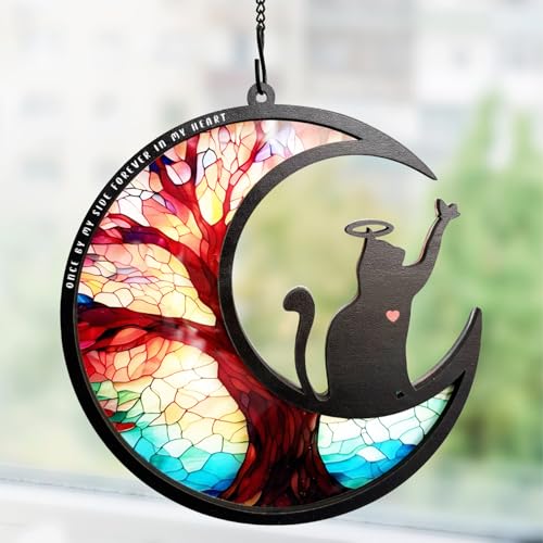 BamLue Pet Memorial Suncatcher for Window Decoration Ornament, Cat Memorial Gifts Loss of Sympathy for Pet Lover Cat Sun Catchers, Double-Layer DIY Life Tree of Loss of Sympathy Memories Gift