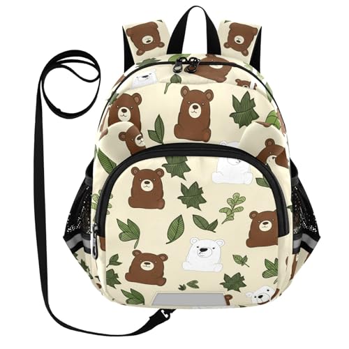 Brown Bear Leaves Beige Toddler Harness Backpack for Boys Girls 3-6 Years Kids Backpack with Anti Lost Safety Leash Child Leash Backpack for Travel Walking Preschool