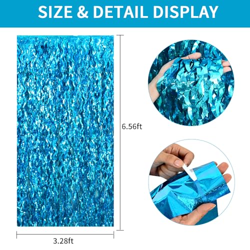 Image of TONIFUL 2Pcs Wavy Metallic Tinsel Foil Fringe Curtains Teal Blue Streamer Backdrop for Photo Booth Props,Party Door Wall Curtains,Bachelorette,Underwater World Birthday Party Decor (6.6ft x 6.6ft)