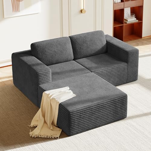 Image of Vesgantti 80 inch Modular Sectional Sofa, Corduroy Cloud Couch with Deep Seats & Spring Support, Compact 2 Seater Boneless Couch, L-Shaped Modular Sofa for Small Spaces, Apartments, No Assembly, Grey