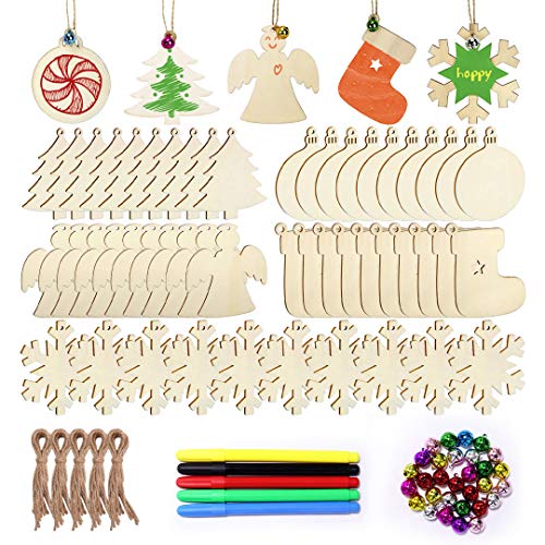 KLATIE 50PCS Unfinished Christmas Wooden Ornaments, Including 5 Styles Natural Wood Slices, 50 Colorful Bells and 5 Color Pens for Kids DIY Art Crafts?Christmas Crafts for Kids.