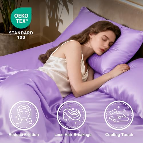 Image of Love's cabin Twin Satin Sheets Sets - 3 Piece Lavender Silky Bed Sheets with Deep Pockets, Luxury Silk Feel Satin Twin Size Sheet Set Bedding Set (1 Flat Sheet,1 Fitted Sheet,1 Pillow case)