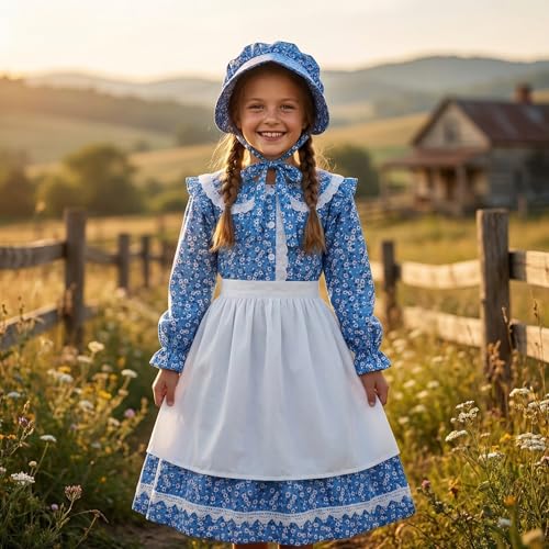 Disfraz de niña pionera con vestido y delantal azul miniatura 5