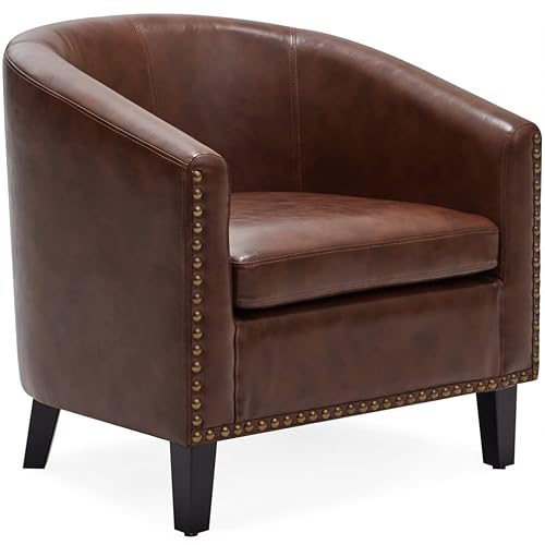 Belleze Accent Barrel Chair, Modern Tub Club Chair Upholstered Armchair For Living Room, Faux Leather Chair With Gold Nail Head Trim Black Legs - Kyara (Brown) #TOP15