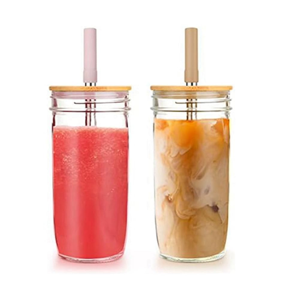 Szklana butelka, 680 ml, szklany kubek z bambusową pokrywką i słomką, szeroki otwór, słoik na smoothie, sok, herbatę, mrożoną kawę