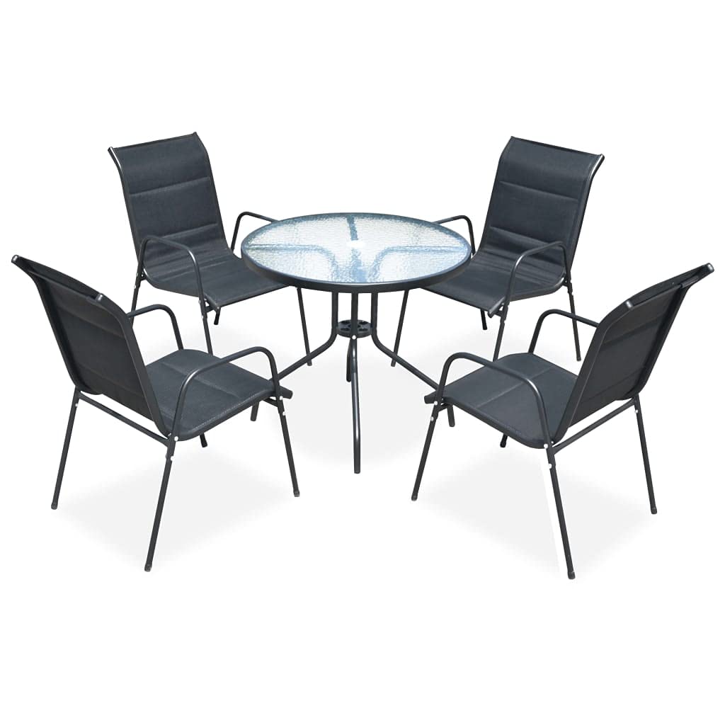Muebles de jardín para exteriores, balcón, mesa y sillas de 5 piezas, juego de comedor de acero negro