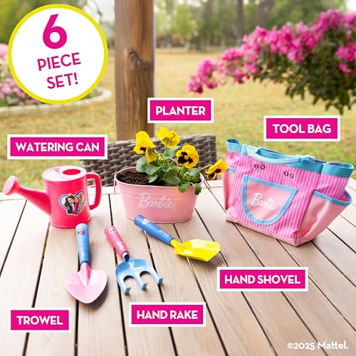 Barbie Garden Set – Real Gardening Tools for Kids with Watering Can, Metal Tools, Flower Pot and Storage Bag – Pink Tool Playset for Outdoors, 6 Pieces - image 2