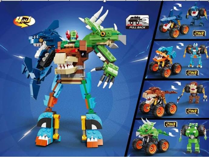 iZEL Kids 2-in-1 Bricks Transforming Technology Pull-Back Shark/Piranha/Tyrannosaurus Rex/Triceratops Monster Big Wheel Pack of 4 Boxes (147-165 PCS)