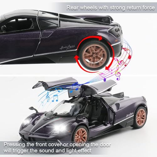 Image of 1 /32 Pagani Huarya Roadster Exclusive Alloy Metal Pull Back Die-Cast Toy Car with Openable Doors & Light Music Collectible Sound Light Toy for Kids Best Birthday Gift (Purple)