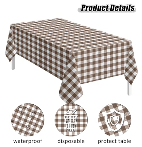 Image of SietDESEO 3 Pack Dark Brown Gingham Tablecloth Rectangle 54 x 108 Brown and White Checkered Table Cloth Disposable Plaid Table Cover Plastic for Birthday Baby Shower Picnic Wedding Party Supplies