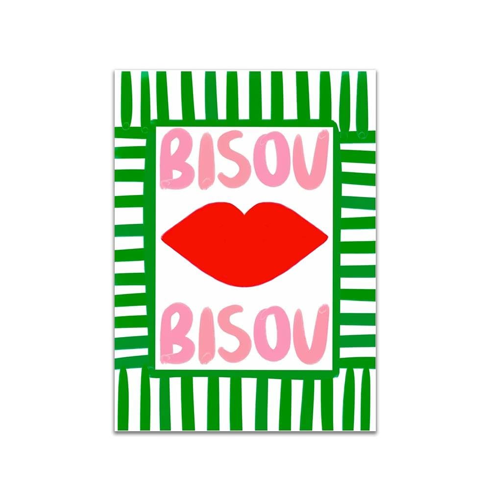Baibexing Maximalist Eclectic Pink French Quotes Bisou Bisou Bonjour Bonne Nuit Wall Art Canvas Painting Posters Living Room Home Decor A1 30X40Cm Unframed