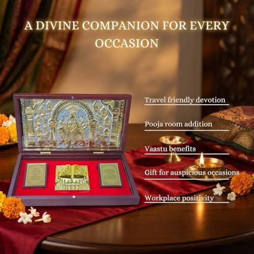 Image of Maa Durga Pocket Temple for Wedding Gift, Housewarming Gift & Pooja Room Decor | Gold Plated Ambe Maa Photo Frame with Charan Paduka - 8.4 x 4.5 Inch - Pack of 1