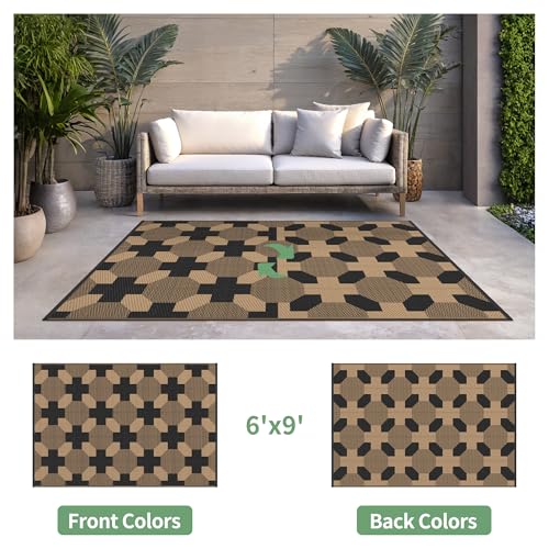 Image of GENIMO Outdoor Rug, Waterproof Plastic Rugs for Patio, 6'x9' Deep Brown | Outside Larger Modern Carpet Mat for Porch Decor, Deck, Balcony, Camping, RV, Backyard, Picnic, Beach, Reversible, Foldable