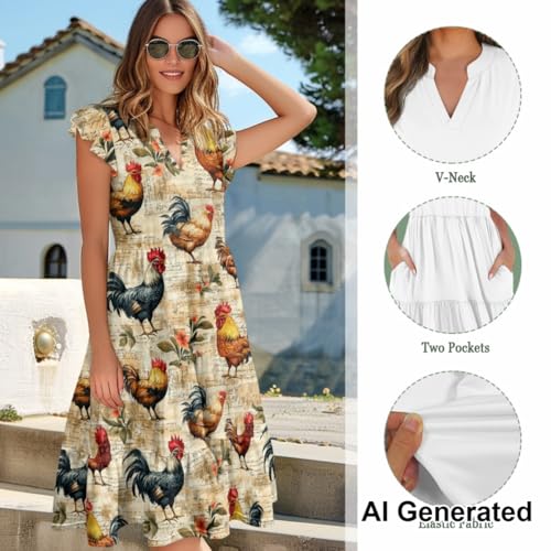 Image of Women's Casual Ruffle Sleeve Dress V Neck Pullover Dress Flowy A-Line Pleated Lightweight Dress with Pockets